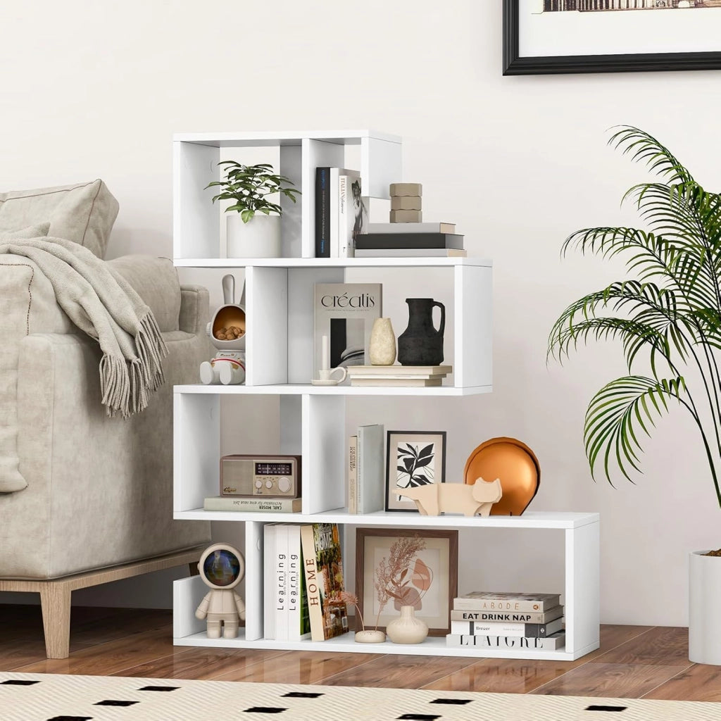 Libreria a Forma di Mossa con 5 Livelli, Scaffale Aperta a Forma di S in Legno, Libreria Divisoria con Protezione Anti-Ribaltamento per Soggiorno, Studio, 80 x 22 x 100 cm (Bianco)