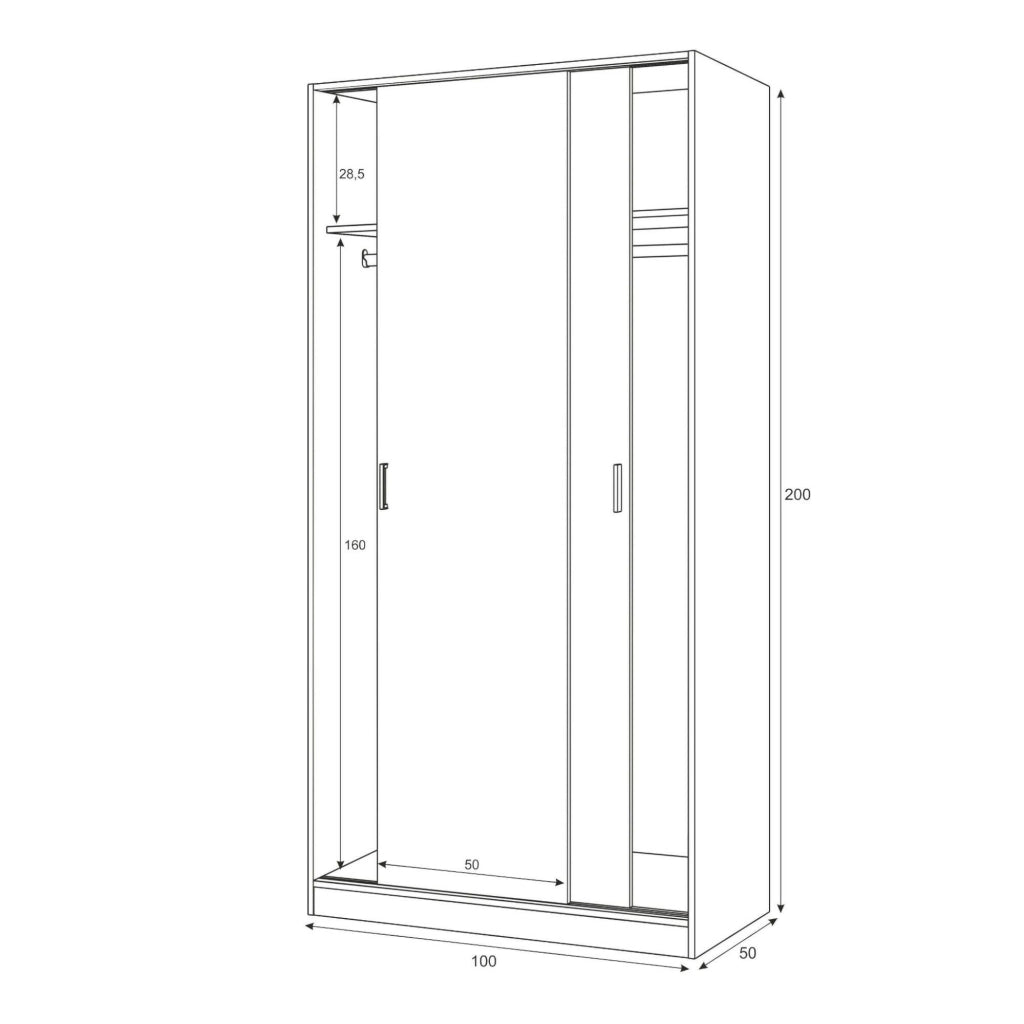 Guardaroba Alt, Armadio per camera da letto a 2 ante scorrevoli, Mobile con ripiano e barra appendiabiti, cm 100x50h200, Rovere