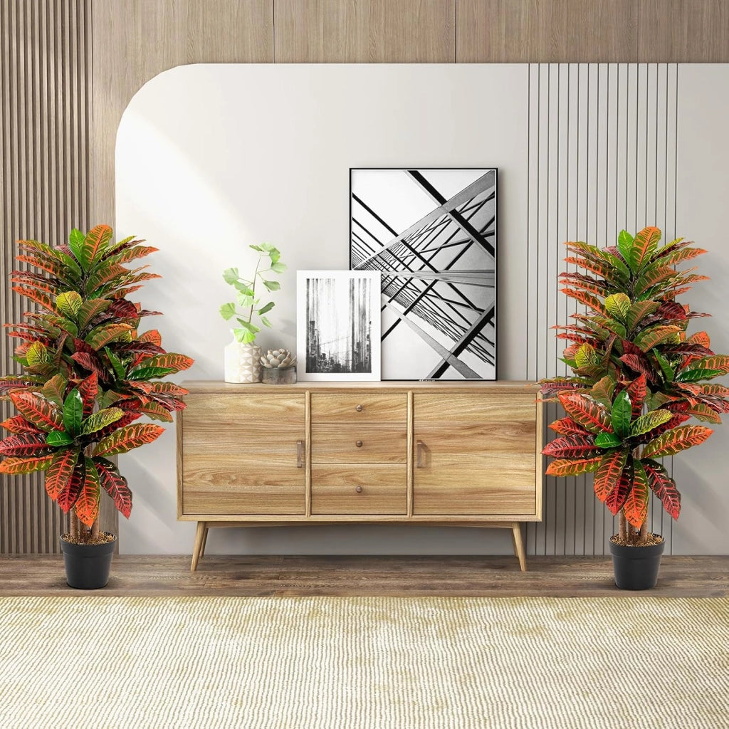 Pianta artificiale 100 cm, arbusto miracoloso artificiale con tronco di legno naturale, piante decorative colorate, albero artificiale in vaso, piante d'appartamento, Codiaeum Variegatum
