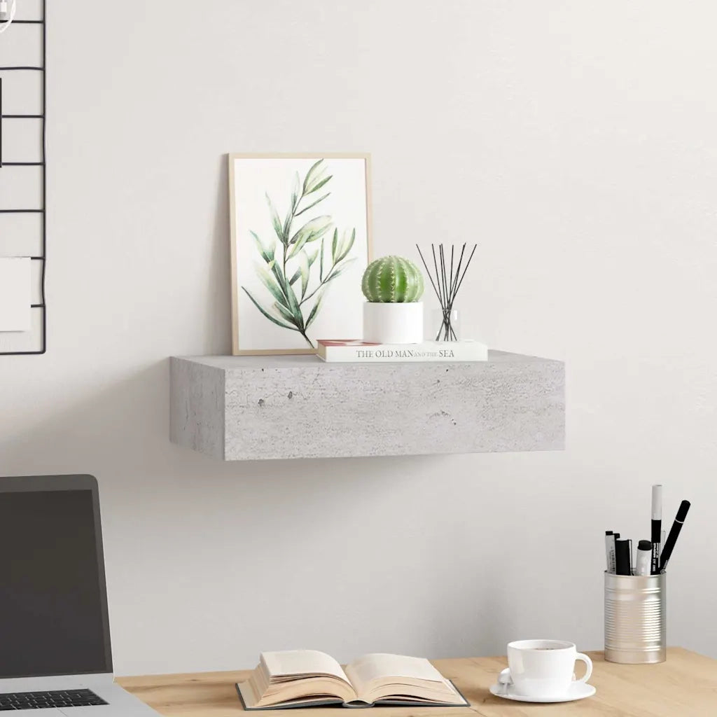 Scaffale con Cassetti da Parete | Mensola sospesa Grigio Cemento 40x23,5x10cm MDF
