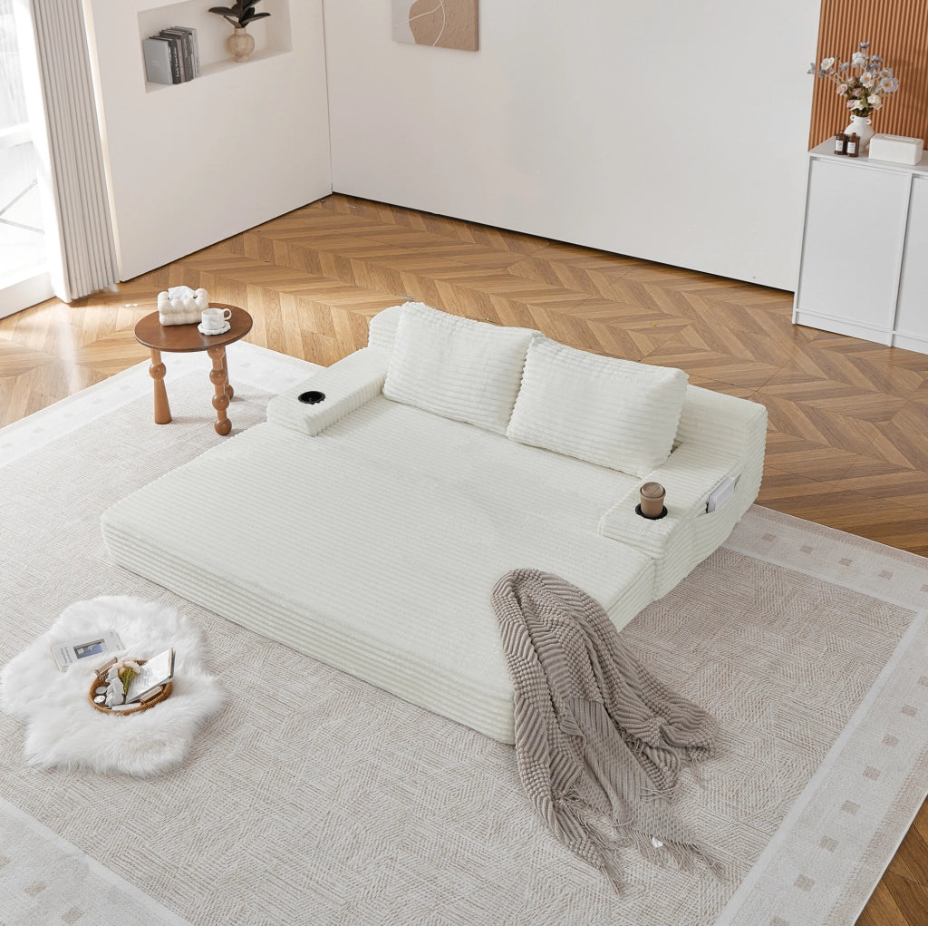 Divano letto 2-in-1 in tessuto di velluto a coste con portabicchieri e tasche laterali