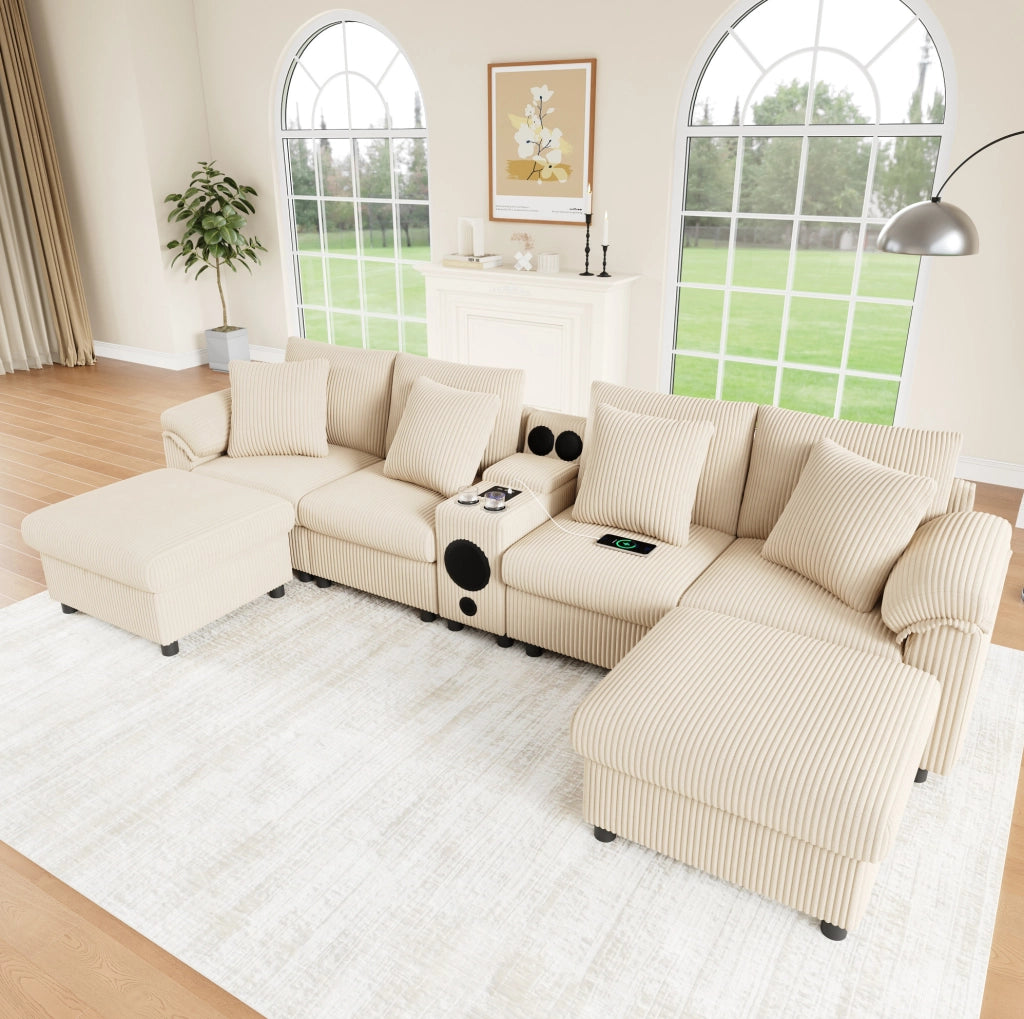 Divano modulare ULEVR 315,5x144 cm beige con console Bluetooth, ricarica wireless, USB/Type-C e portabevande