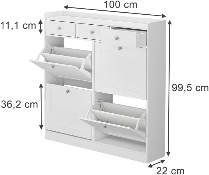 Scarpiera da ingresso Vitto, Bianco, 100 x 99.5 cm con 3 cassetti e 4 scomparti pieghevoli