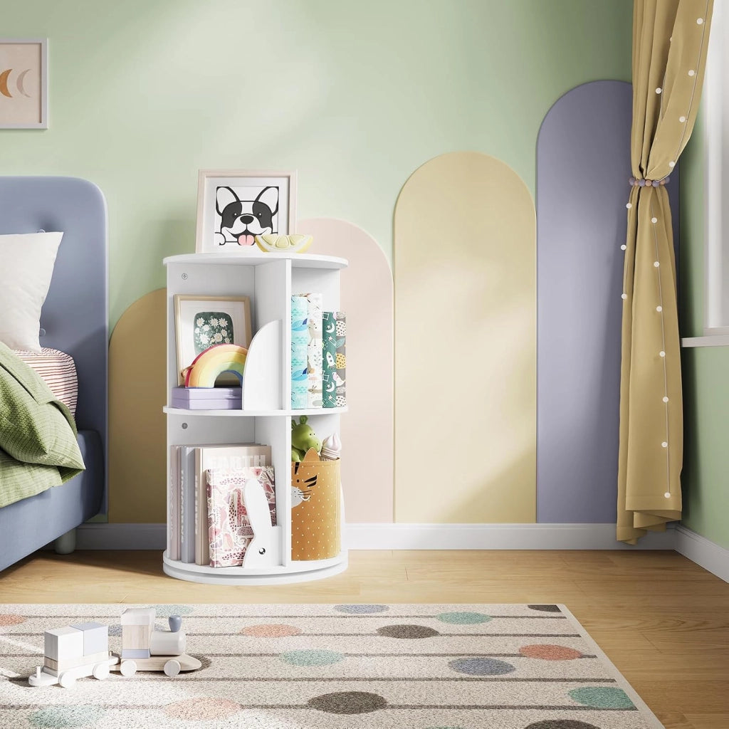 Libreria Rotante per Bambini a 2 Livelli, Porta Libri Girevole, Bianca per Soggiorno, Studio, Ufficio, Scaffale in Legno Autoportante