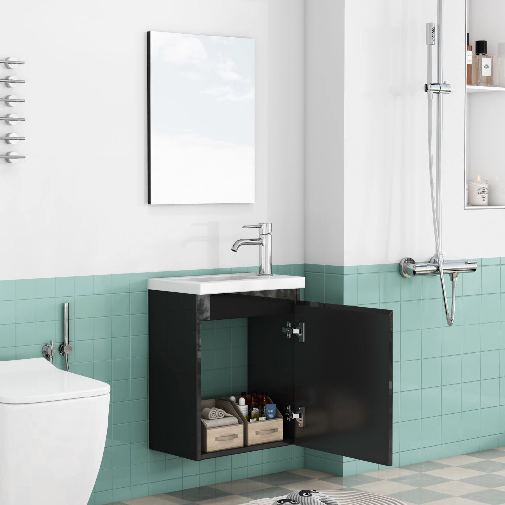 Mobile bagno sospeso con lavabo in ceramica e specchio; chiusura ammortizzata; per bagno; in MDF; nero lucido