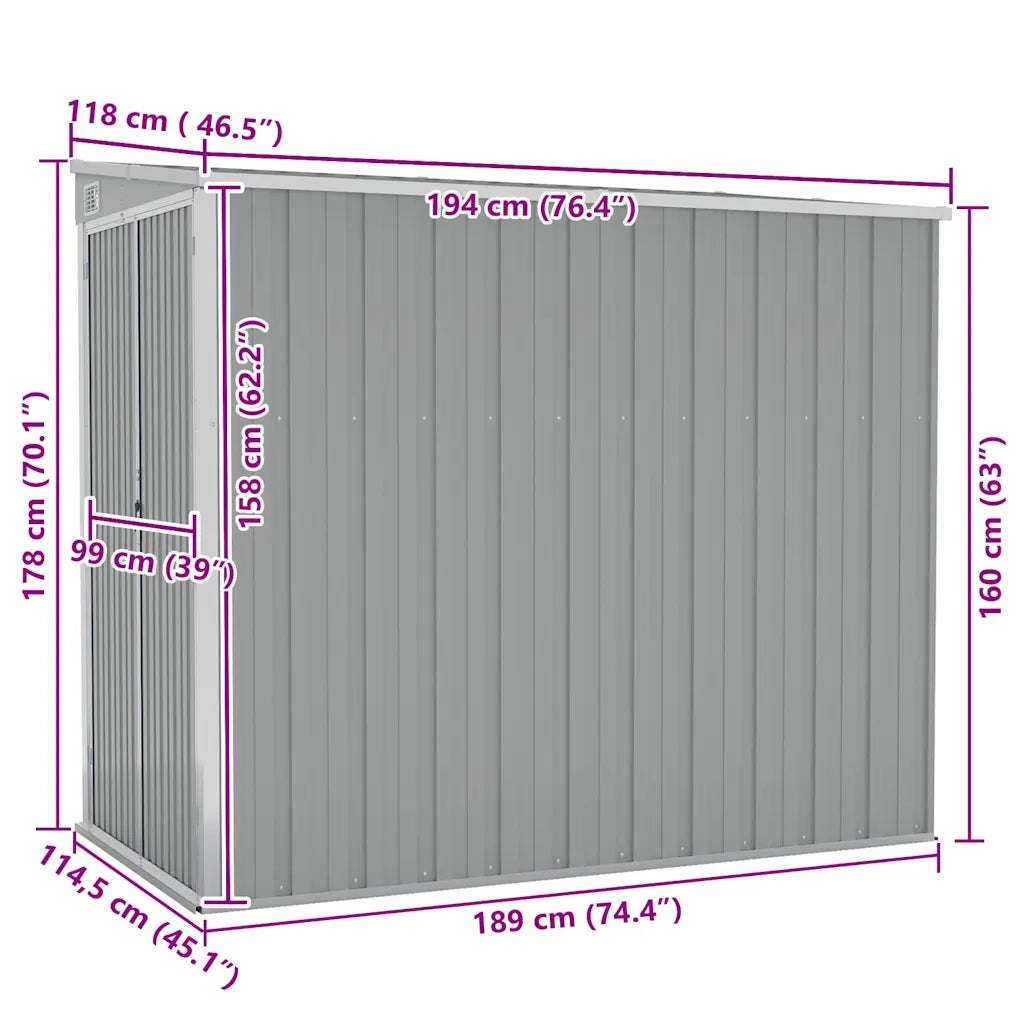 Capanno Giardino a Parete Grigio 118x194x178 cm Acciaio Zincato 316222