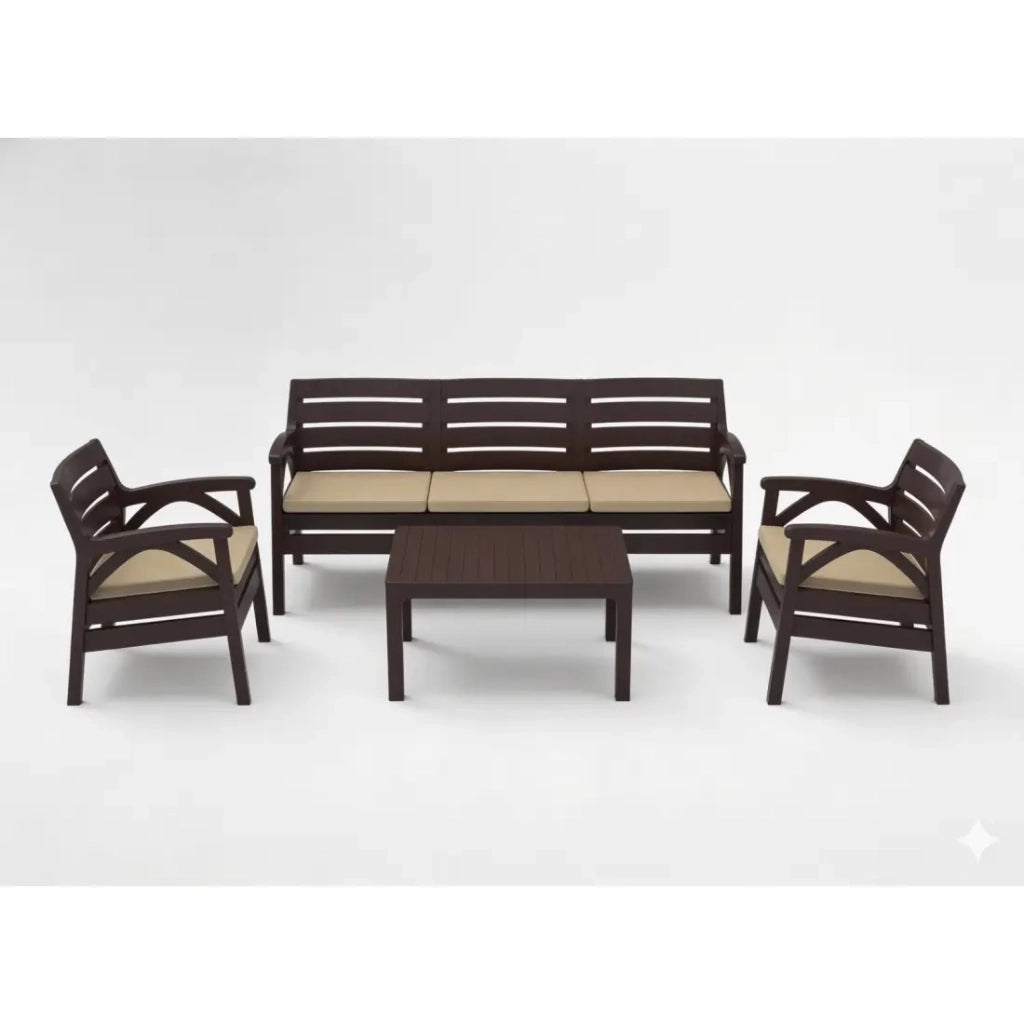 Salotto da giardino SOLVANA 5 posti marrone e beige con divano a 3 posti, poltrone e tavolino