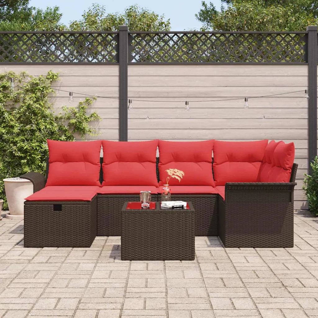 Set Divano da Giardino 7 pcs Marrone e Rosso polyrattan