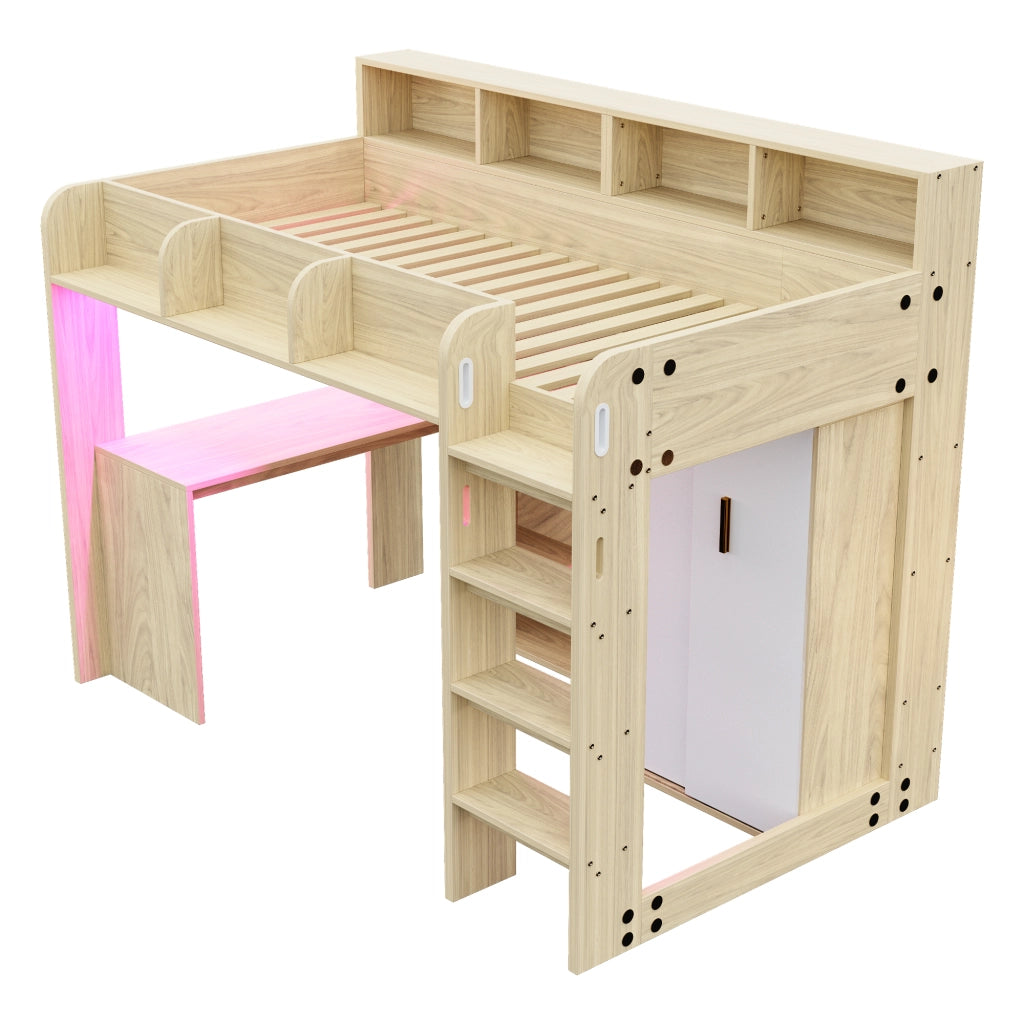 Letto a soppalco 90x200 cm con scrivania; armadio e LED in MDF colore naturale