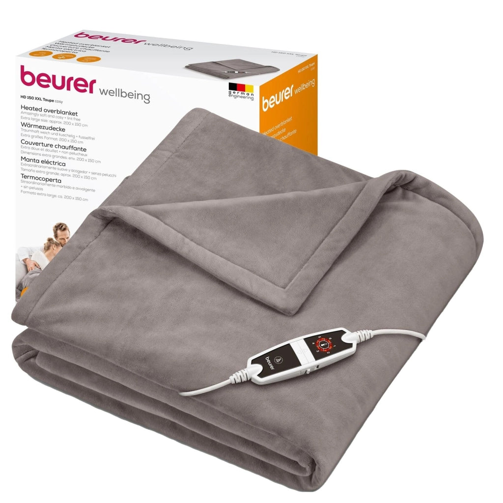 Beurer Coperta elettrica HD 150 XXL, termocoperta elettrica con spegnimento automatico, 200 x 150 cm, 6 impostazioni di temperatura, lavabile in lavatrice, morbida coperta, tortora