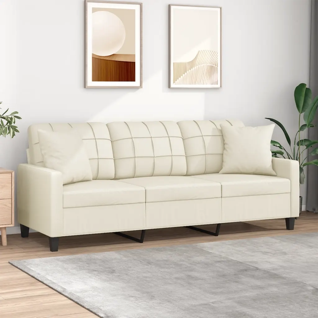 Divano | Divano da soggiorno | Sofa a 3 Posti con Cuscini Crema 180 cm in Similpelle