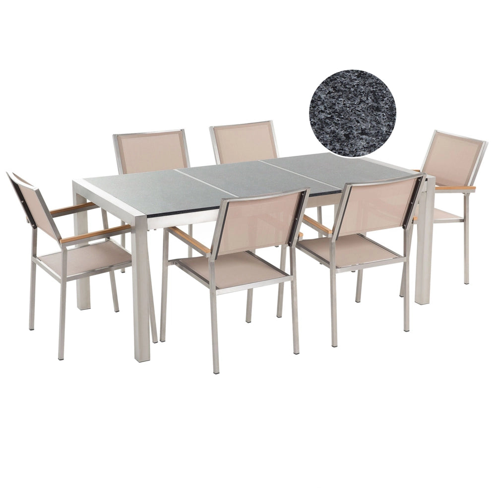 Set da Giardino Tavolo Piano Granito Grigio 6 Sedie Beige 180 x 90 cm