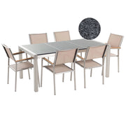 Set da Giardino Tavolo Piano Granito Grigio 6 Sedie Beige 180 x 90 cm