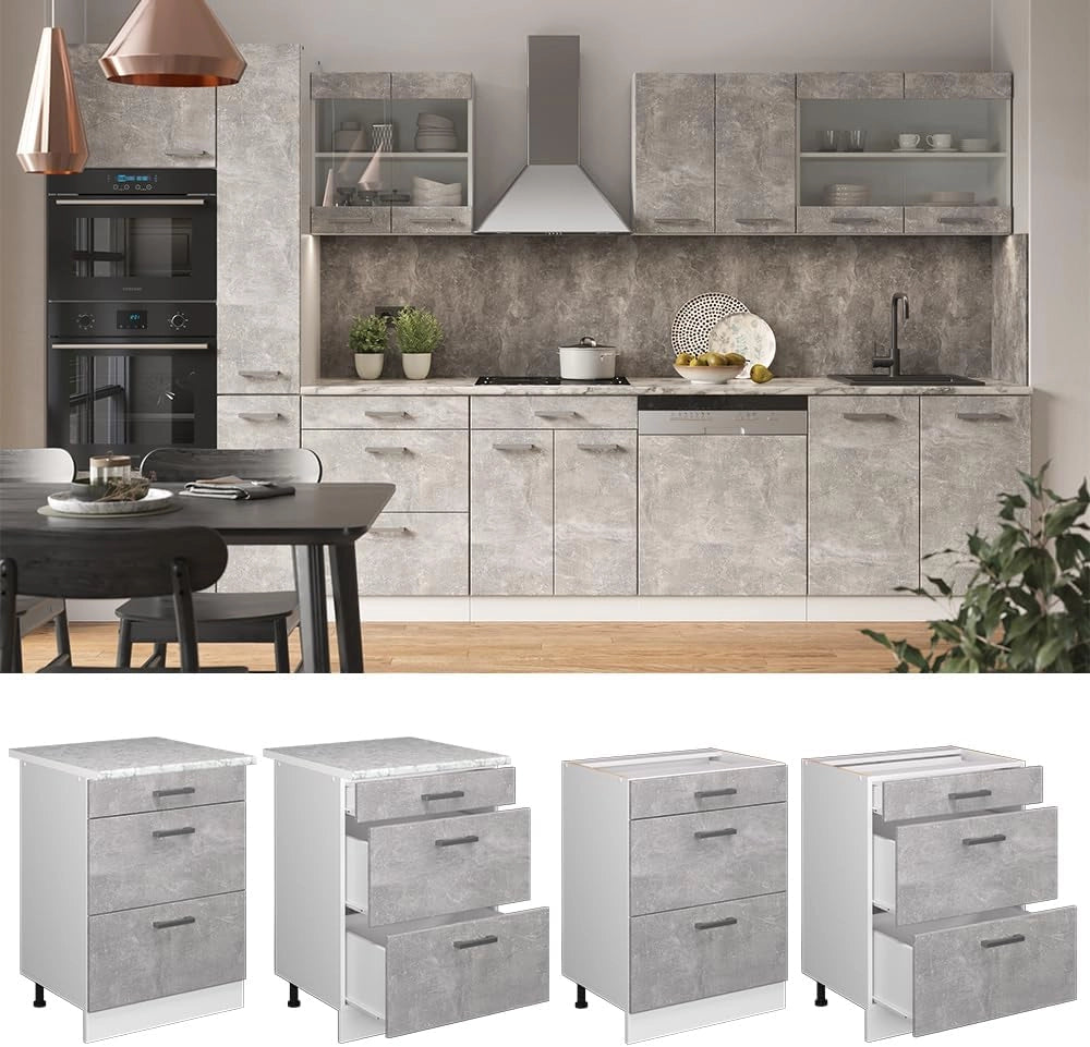 Mobiletto base per cucina R-Line, Calcestruzzo, 60 cm con cassetti, senza piano di lavoro, per la libera combinazione all'interno di sistemi cucina modulari