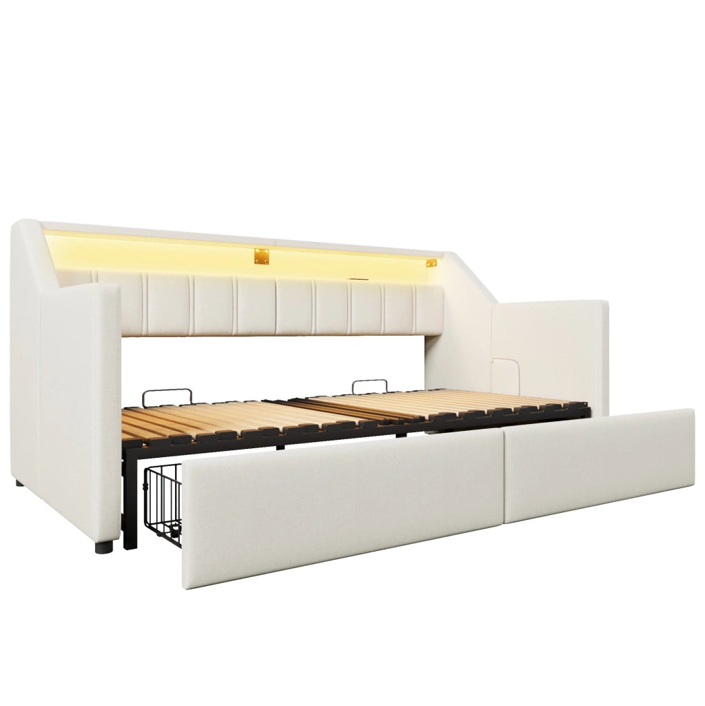 Letto da giorno beige 90x200 cm con estraibile 180x200, USB-C, LED e cassetti