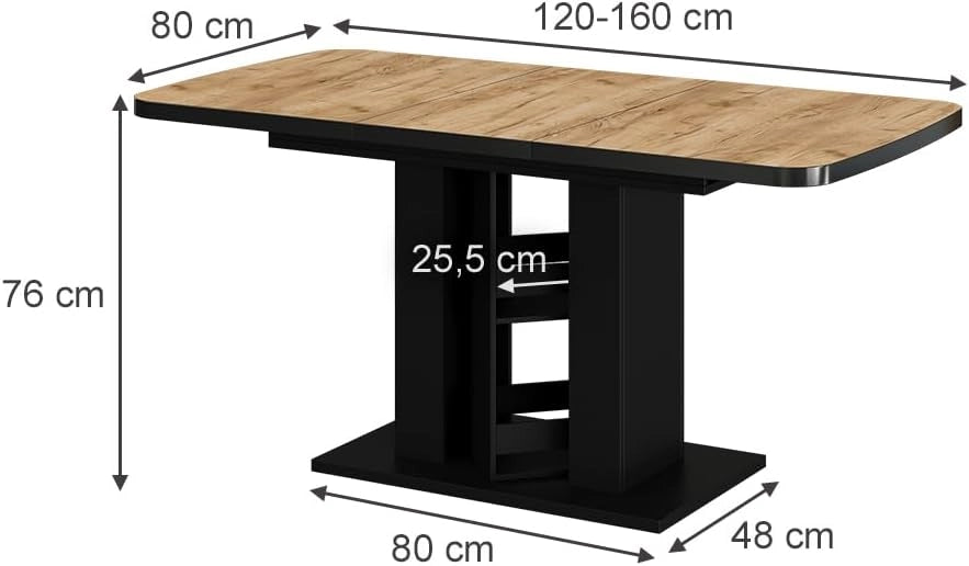 tavolo da pranzo allungabile Fenaro, Rovere Goldkraft/nero, 120 x 80 cm, allungabile con estrazione sincronizzata per lunghezza tavolo variabile