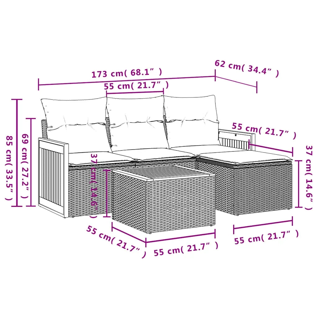 Set Divani da Giardino 5 pz con Cuscini Grigio in Polyrattan 3227594
