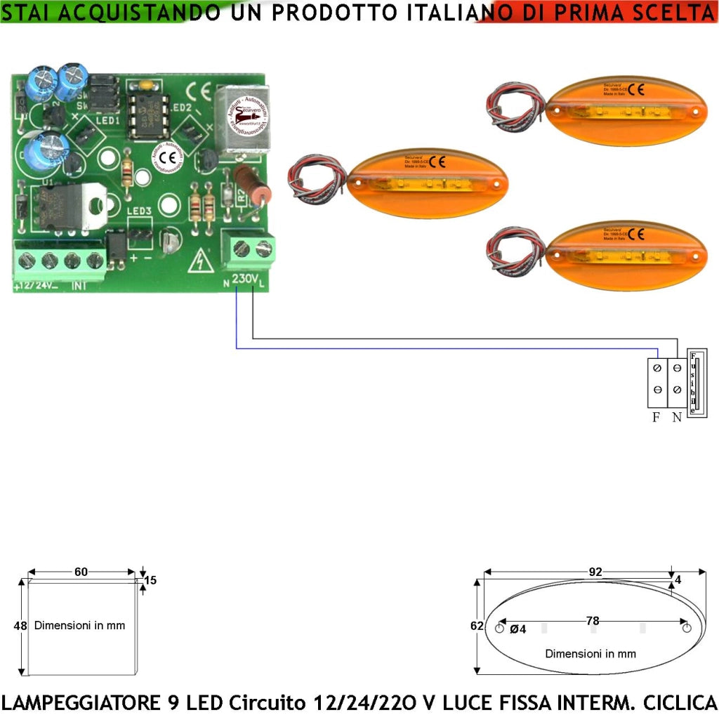 Lampeggiatore Arancione Ovale Piatto Avviso Ponteggio Circuito Multifumzioni Scelta Luce Fissa Intermittente Ciclica Il Circuito Comanda 3 Basette Totale 9 Led Aliment. 12-24-230 V Metacrilato IP44