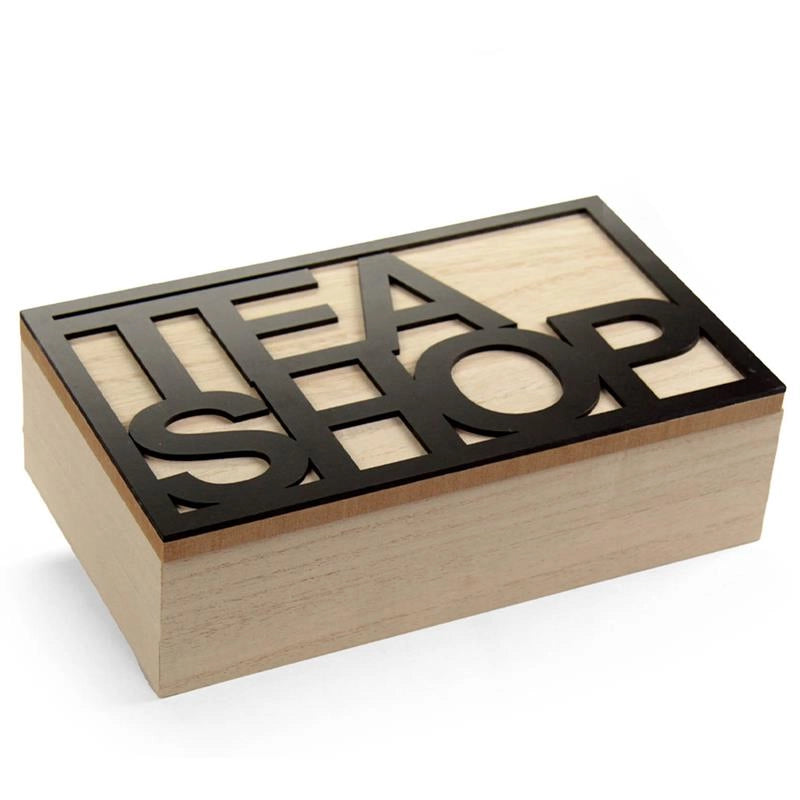 CONTENITORE PORTA TISANE, TÈ -  SCATOLA IN LEGNO STILE ELEGANTE, LEGNO NATURALE, "TEA SHOP" 22 X 13 X 7H CM