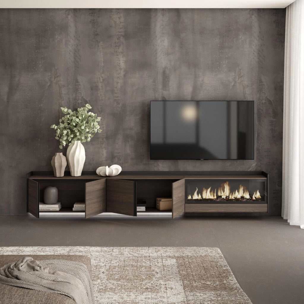 Mobile TV Soggiorno, 315x50x35 cm, Per TV fino a 80", Camino elettrico XXL, Sospeso, da appendere, LED, Rovere scuro e Nero