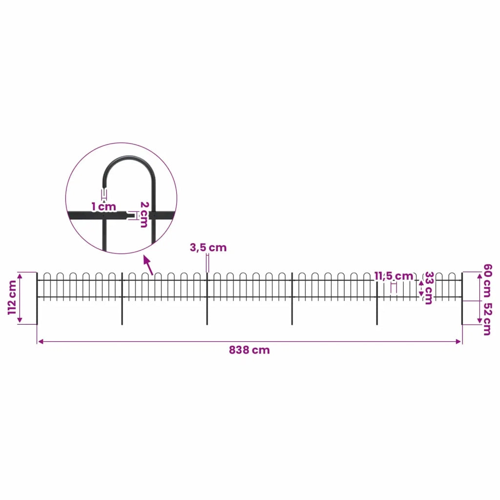 Recinzione da Giardino con Parte Superiore ad Anello in Acciaio 838x60 cm Nero 277642