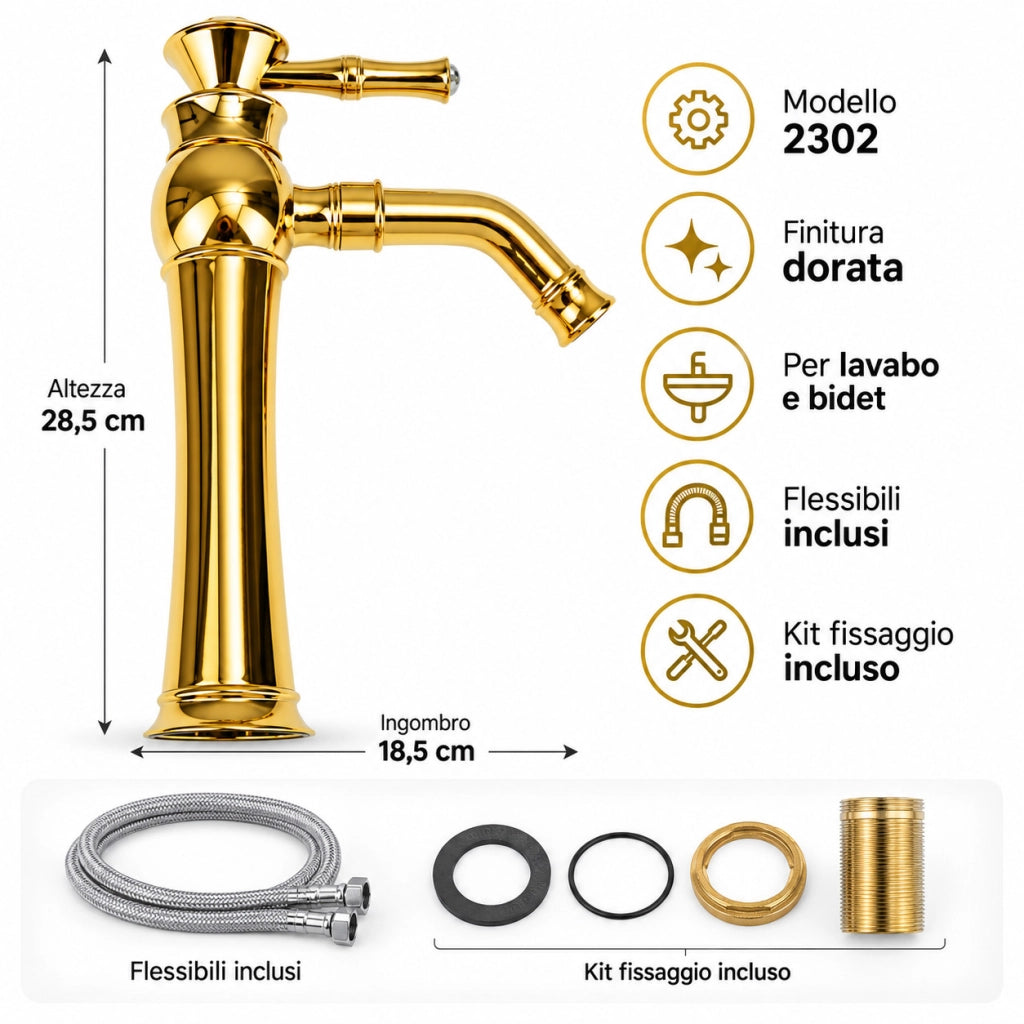 RUBINETTO BAGNO STILE ANTICO DIAMANTE MISCELATORE LAVANDINO ORO DORATO 2302