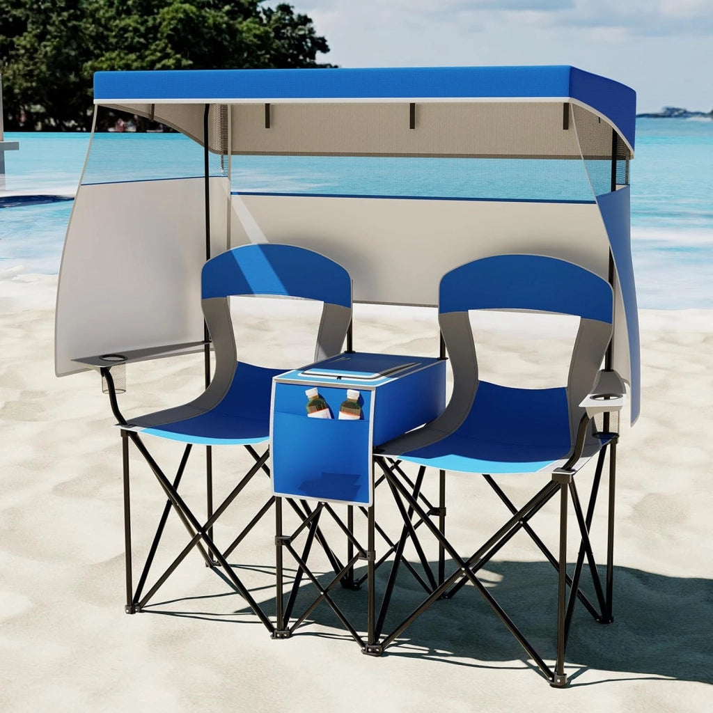 Set di 2 sedie da campeggio pieghevoli con tettuccio parasole, mini tavolo, borsa termica e porta bevande, sedia pieghevole per 2 persone, modello 2 blu scuro