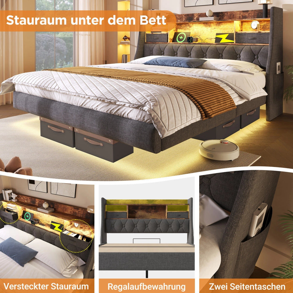 Letto matrimoniale 180x200 cm con LED; testiera contenitore; USB e Type-C; lino grigio