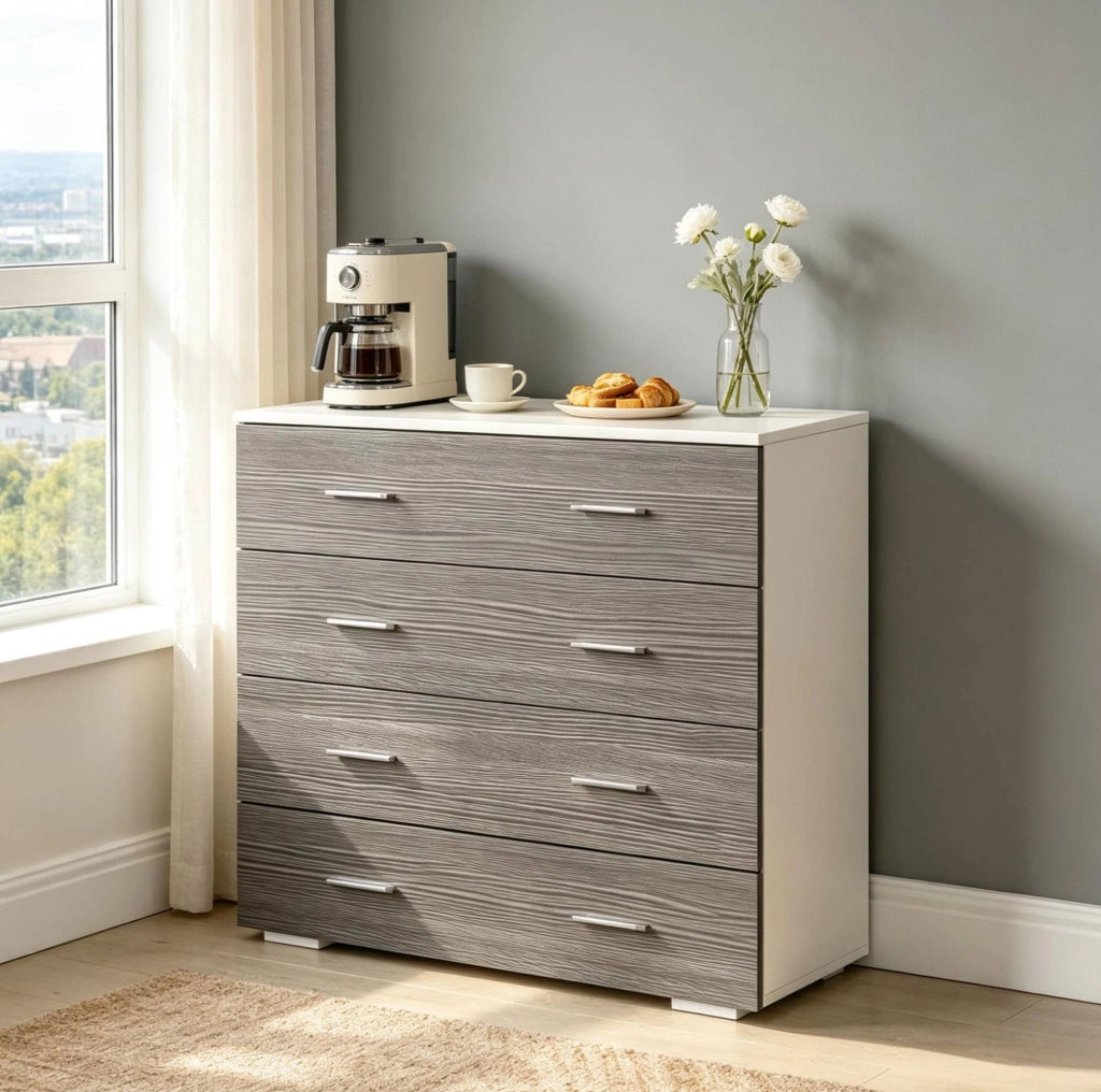 Mobile contenitore con 4 cassetti in truciolare bianco e grigio 76 x 35 x 72 cm