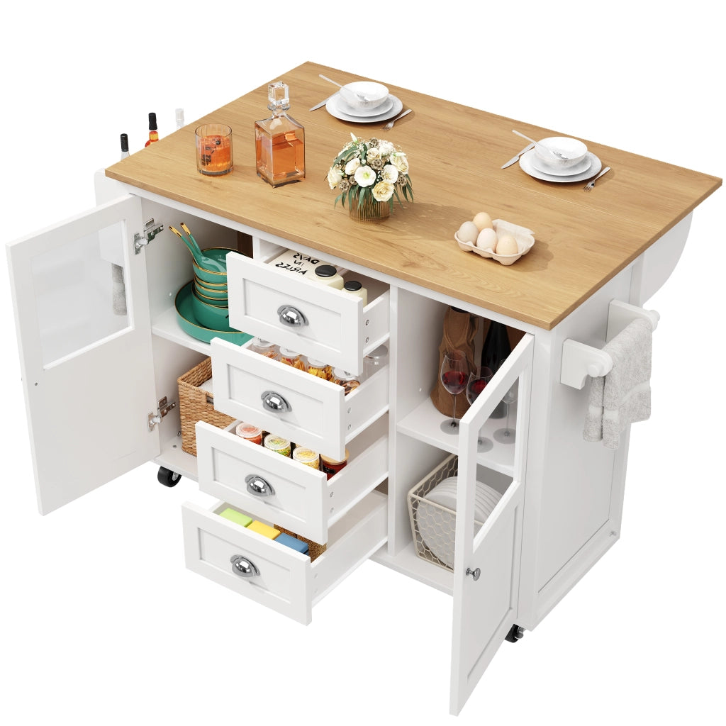 Carrello da Cucina con 4 Cassetti e 2 Ante; Piano Ribaltabile; Portaasciugamani e Portaspezie; Bianco