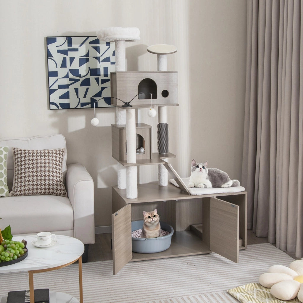 Albero per gatti con mobile nascondi lettiera, Torre per gatti 2-in-1 con doppie cucce piattaforma superiore Grigio-Alberi Tiragraffi