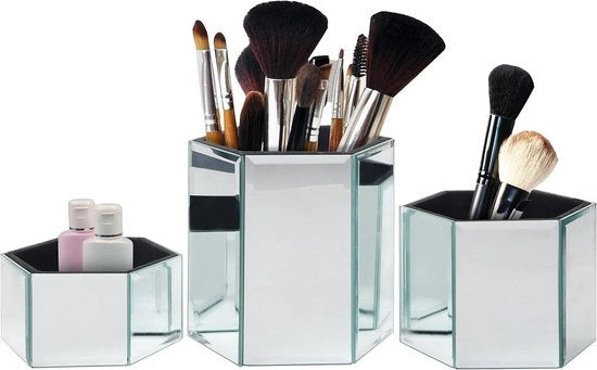 Set di Ospitalità per Pennelli e Cosmetici a Specchio a forma di Esagono - Contenitori in Argento - Unità di Organizzazione per la Casa e la Bagno - Pennaiole Moderne con 3 Dimensioni.