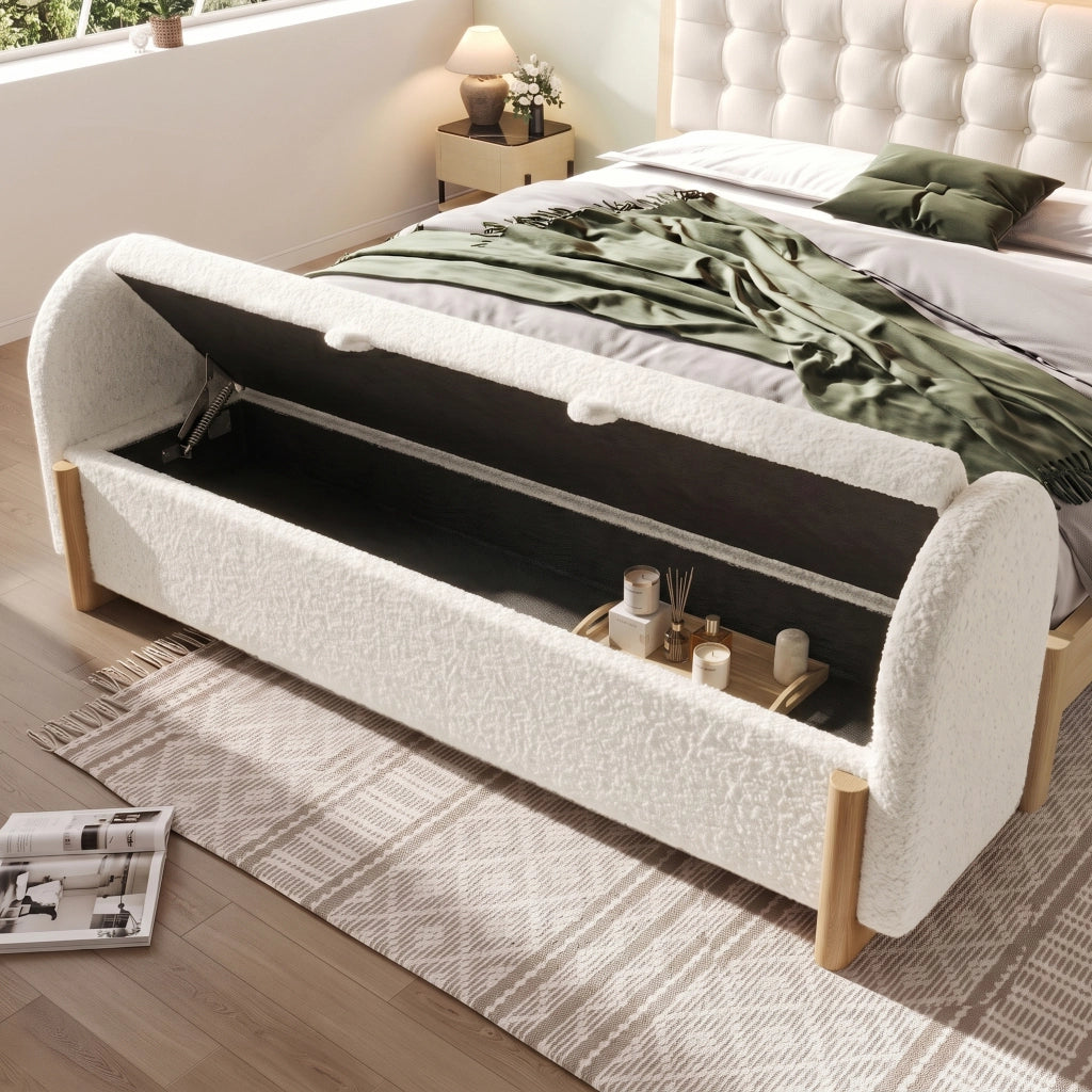 Panca contenitore da camera - con vano contenitore idraulico soft-close - chenille bianco 186 × 47 × 61 cm