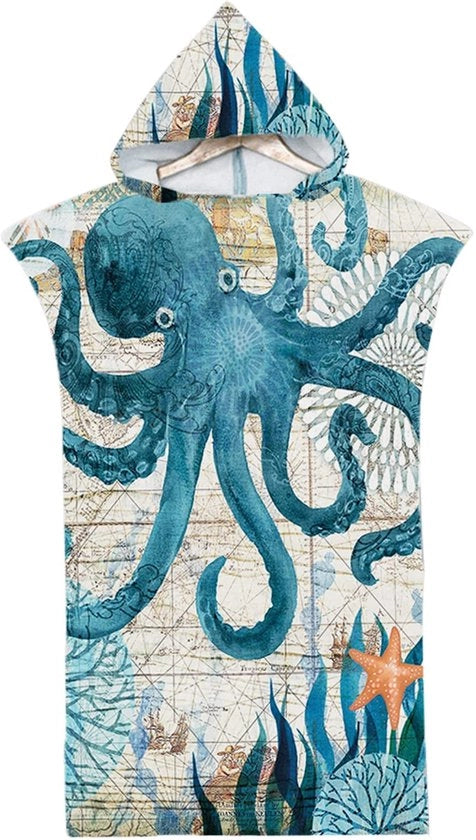 Poncho per uomo e donna, con capuccio e stampa oceano, realizzato in microfibra, per immersioni veloci e facile asciugatura, dimensioni H2 75x110cm
