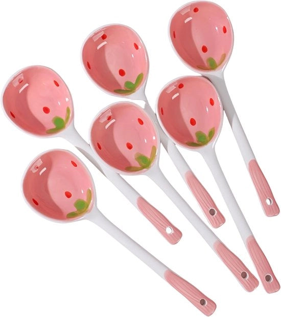 Set di 4 cucchiai di servizio in ceramica - Disegno fragola rosa - Ideali per Pho, Miso e dumplings
