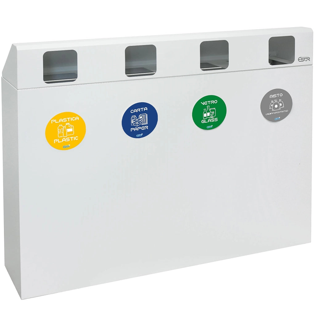 Pattumiera per Raccolta Differenziata 4 Scomparti 240 L 120x30x96 cm in Acciaio Verniciato Bianco