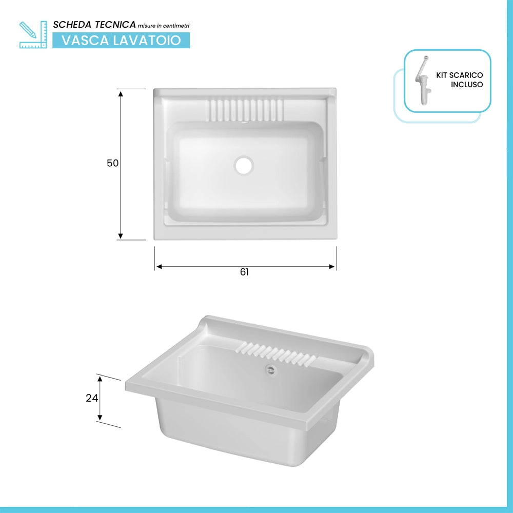 Mobile lavatoio 60x50 cm olmo in kit di montaggio con vasca e asse Ikaro
