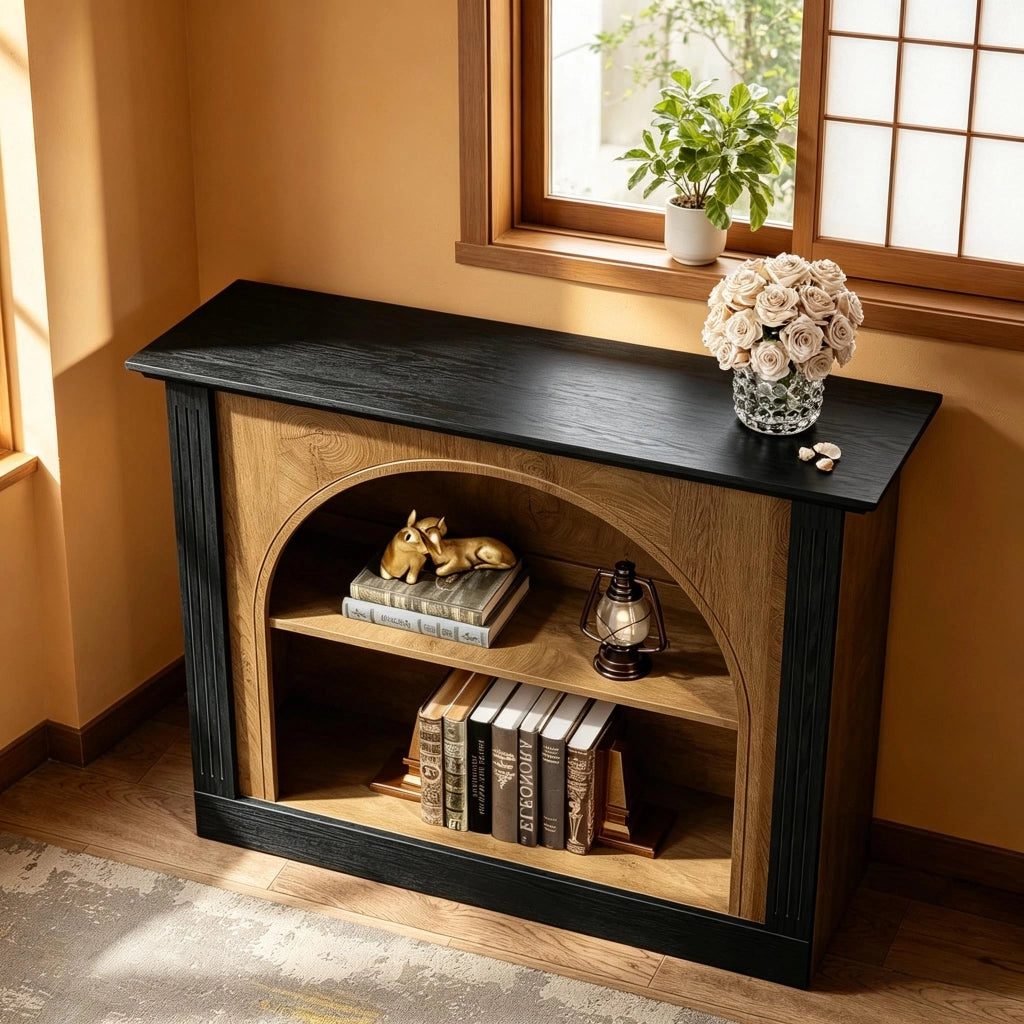 Consolle in legno con 3 ripiani e vano semicoperto, stile mid-century modern, per ingresso e soggiorno, nero rustico