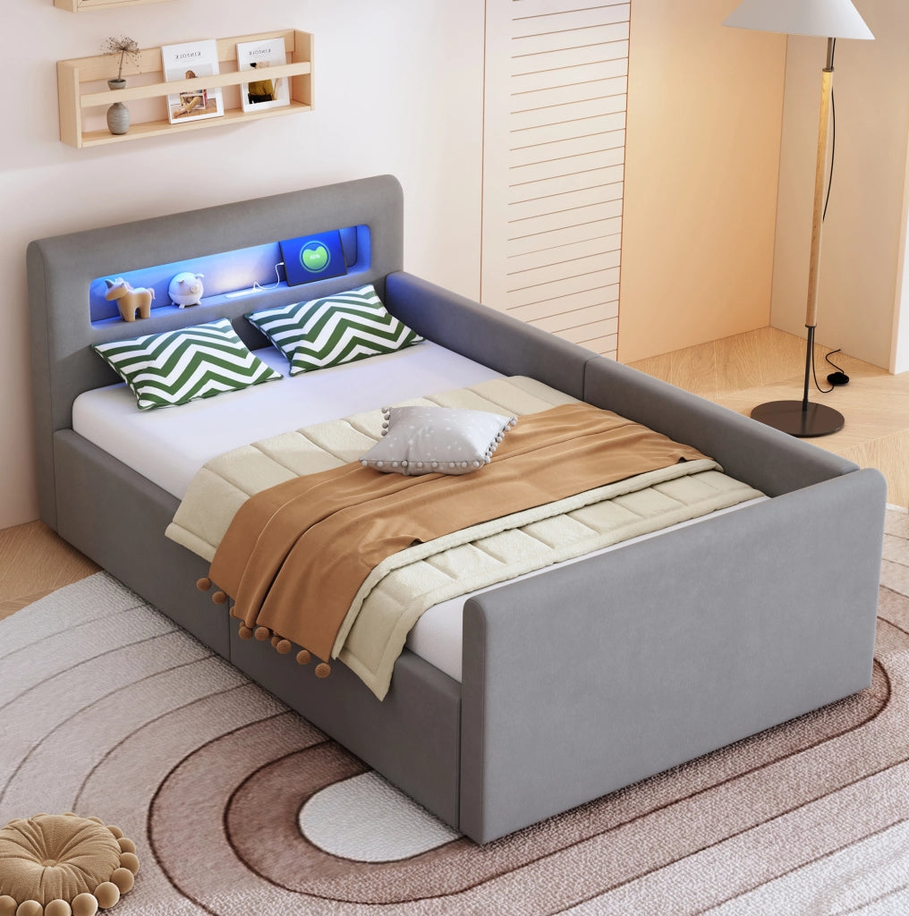 Letto imbottito per bambini 90x200 cm con LED, USB e vano contenitore idraulico