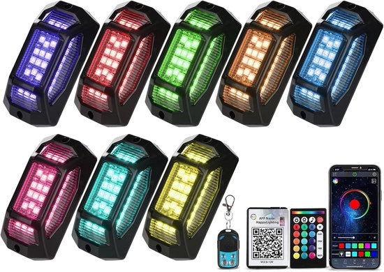 8 set di rocklights rgb a 5 angoli, adatte per camion e auto, copertura esterna illuminata ip67 acqua resistente, compresa kit, app sincronizzazione musicale + telecomando wireless, facile da installare senza forare, ideale per