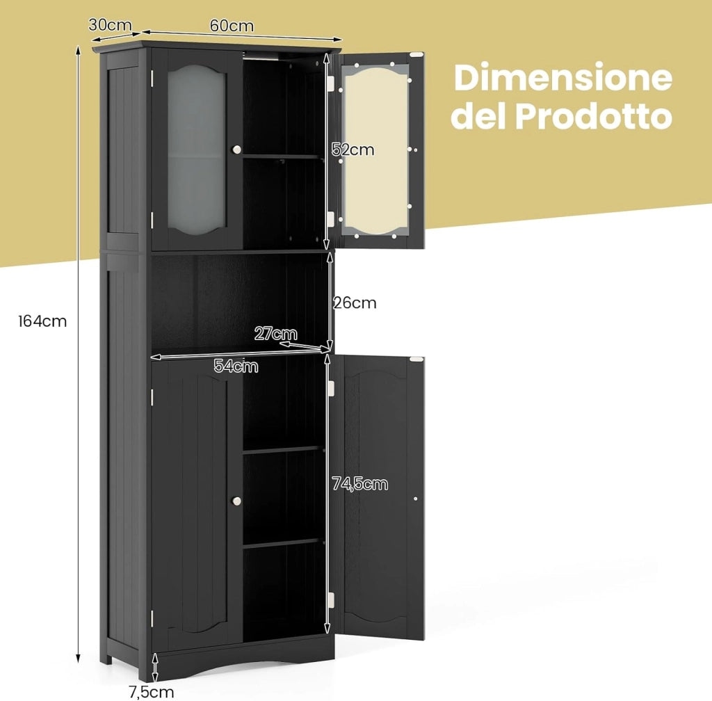 Armadietto Salvaspazio 60 x 30 x 164cm, Mobile Bagno con Scomparti Aperti, Ripiani Regolabili e 2 Porte in Vetro Temprato, Armadio da Bagno per Ufficio, Soggiorno e Camera da Letto (Nero)