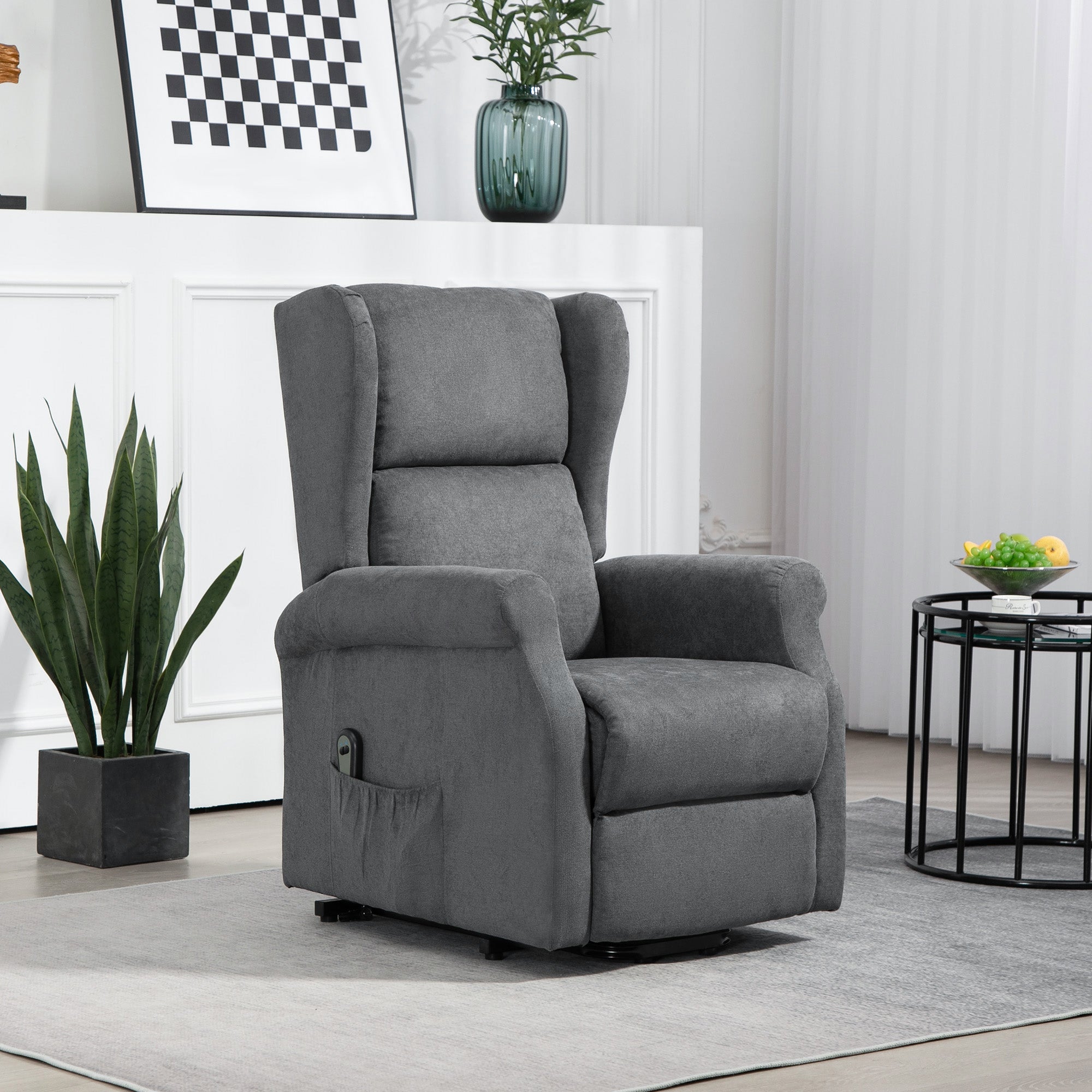 Poltrona Reclinabile Alzapersona 74x94x111 cm con Telecomando in Tessuto Effetto Lino Grigio Scuro