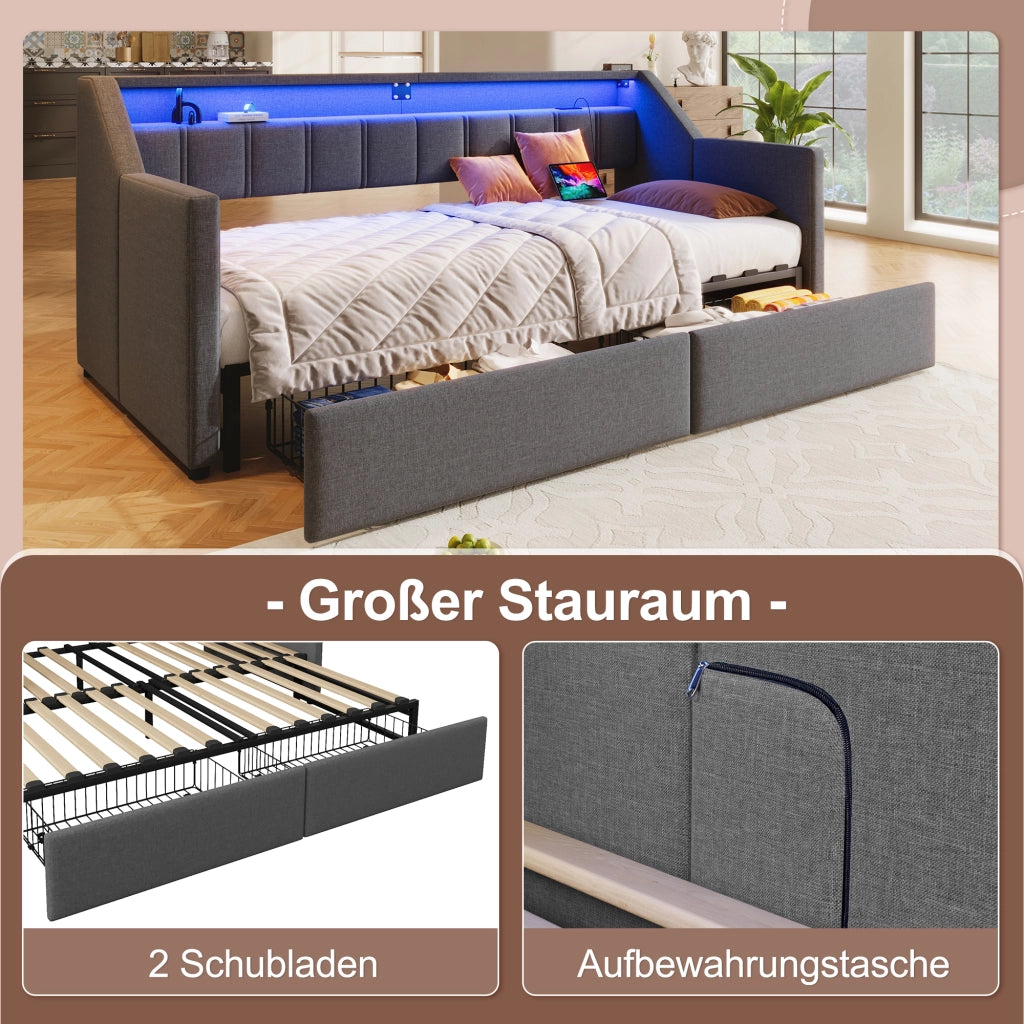 DESMIU Lit divano 90 × 200 cm con USB, Type-C, LED, 2 cassetti e tasche, senza materasso, grigio