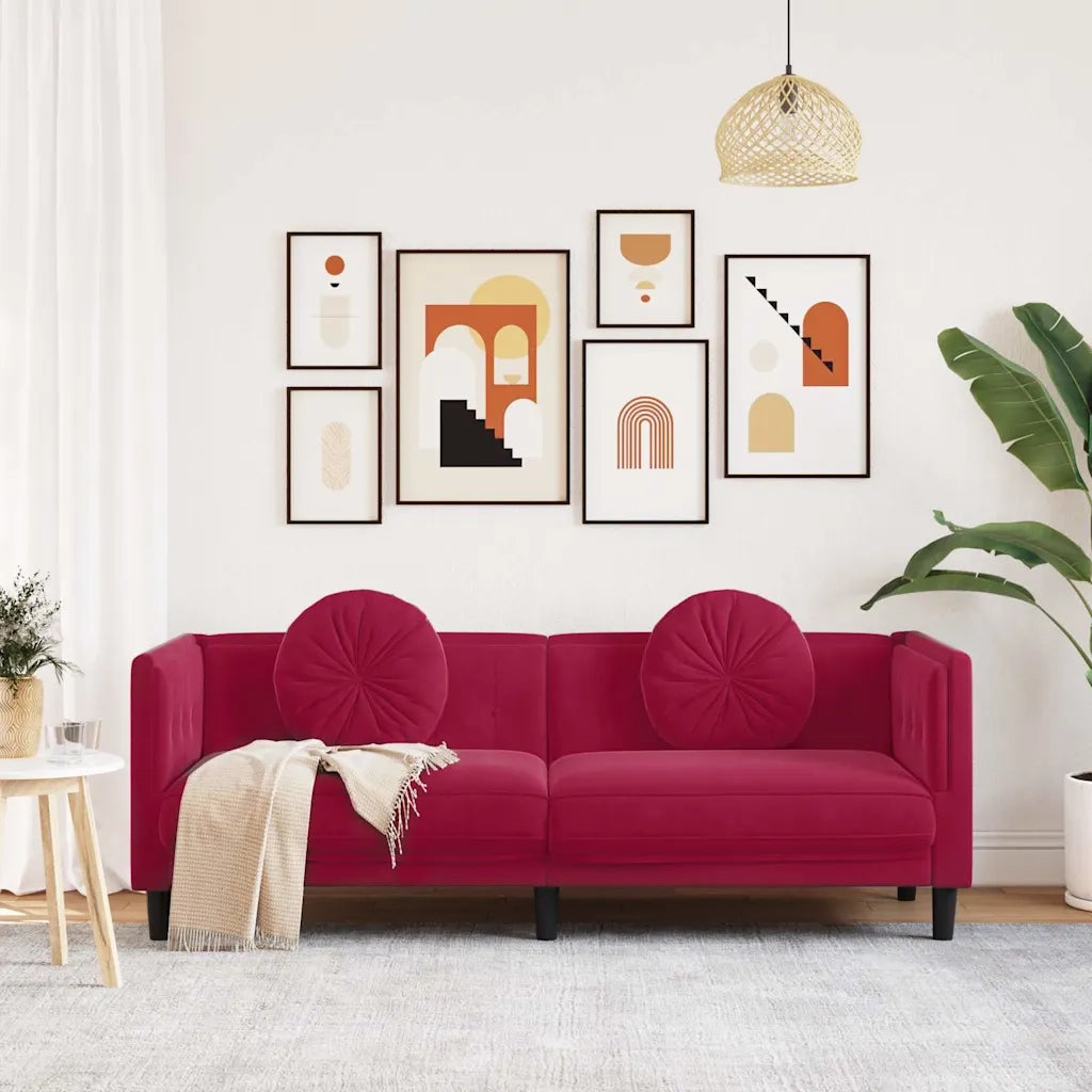 Divano | Divano da soggiorno | Sofa con Cuscini 3 Posti Rosso Vino in Velluto