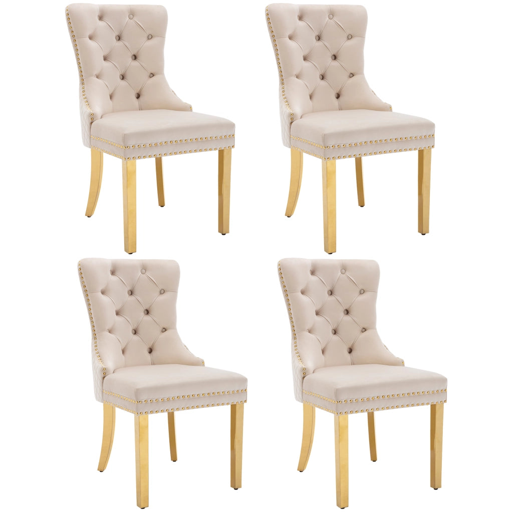 Set di 4 Sedie da Pranzo; Schienale con Anello Decorativo e Borchie; Velluto e Metallo; Beige