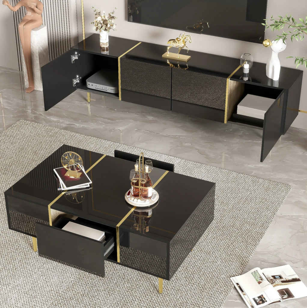 MOBILE TV e TAVOLINO Set 2 unità Nero lucido MDF con dettagli oro