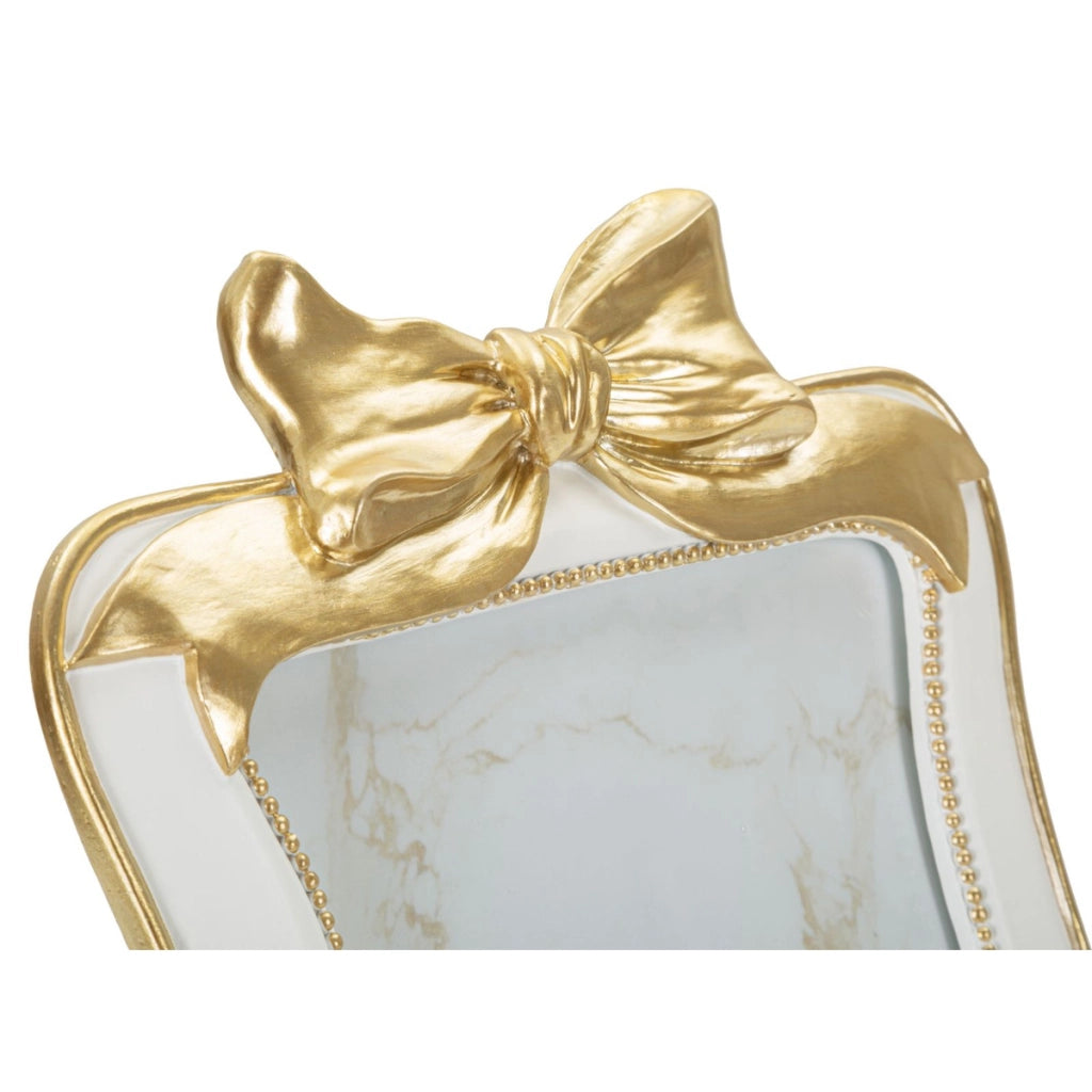 Cornice portafoto Romantica con fiocco in poliresina bianco e oro