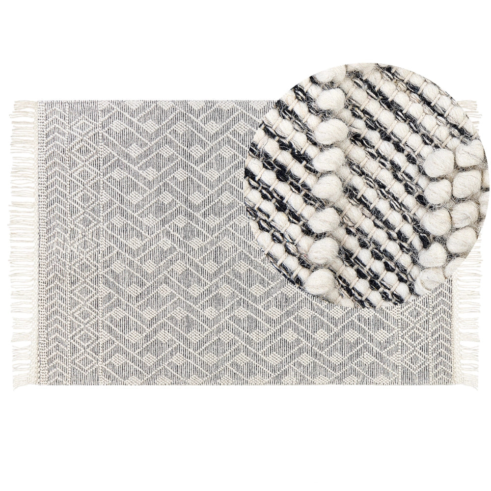 Tappeto in lana e cotone bianco e nero 160 x 230 cm, tessuto a mano a trama piatta con frange e motivo geometrico