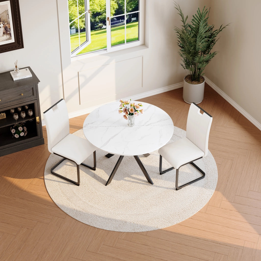 Tavolo da Pranzo Rotondo Effetto Marmo con 2 Sedie ¨C MINIMAL ¨C Bianco, Metallo, Ecopelle