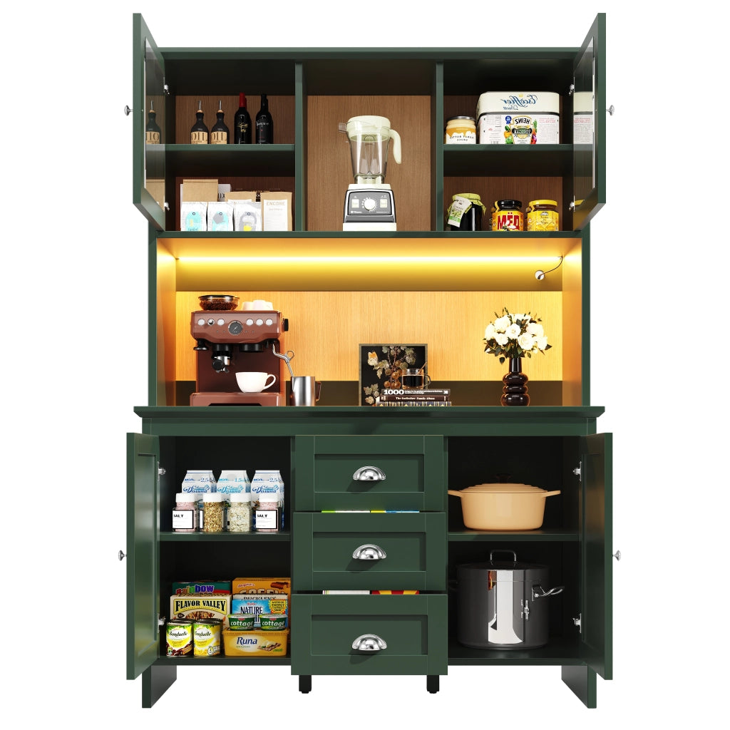 Credenza Alta da Cucina con Ante in Vetro e LED ¨C Xylo ¨C Verde, 120x40x179 cm